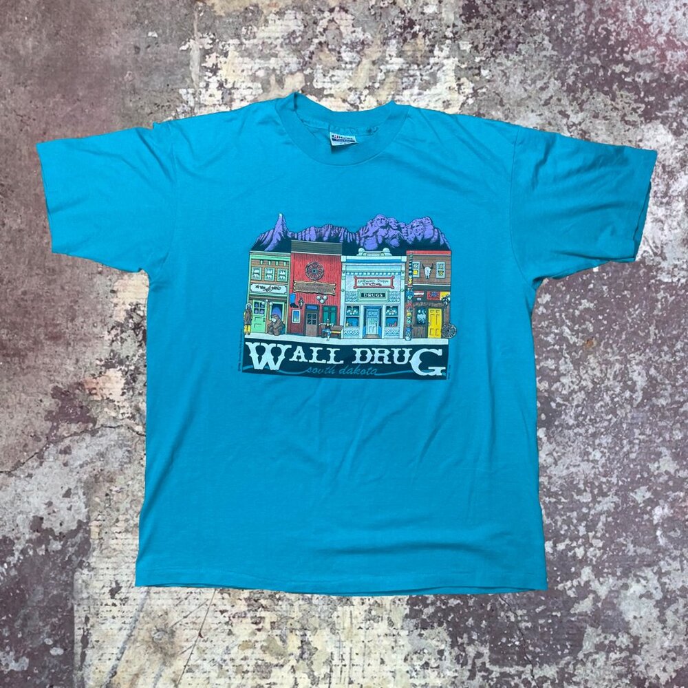 90s Wall Drug South Dakota Drug Store Mountains Vintage Turquoise T-Shirt Hanes